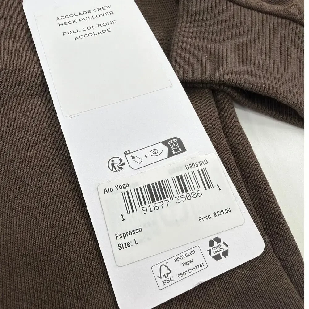 Alo Yoga Unisex Espresso Accolade Crew Neck Pullover Sweatshirt Size L